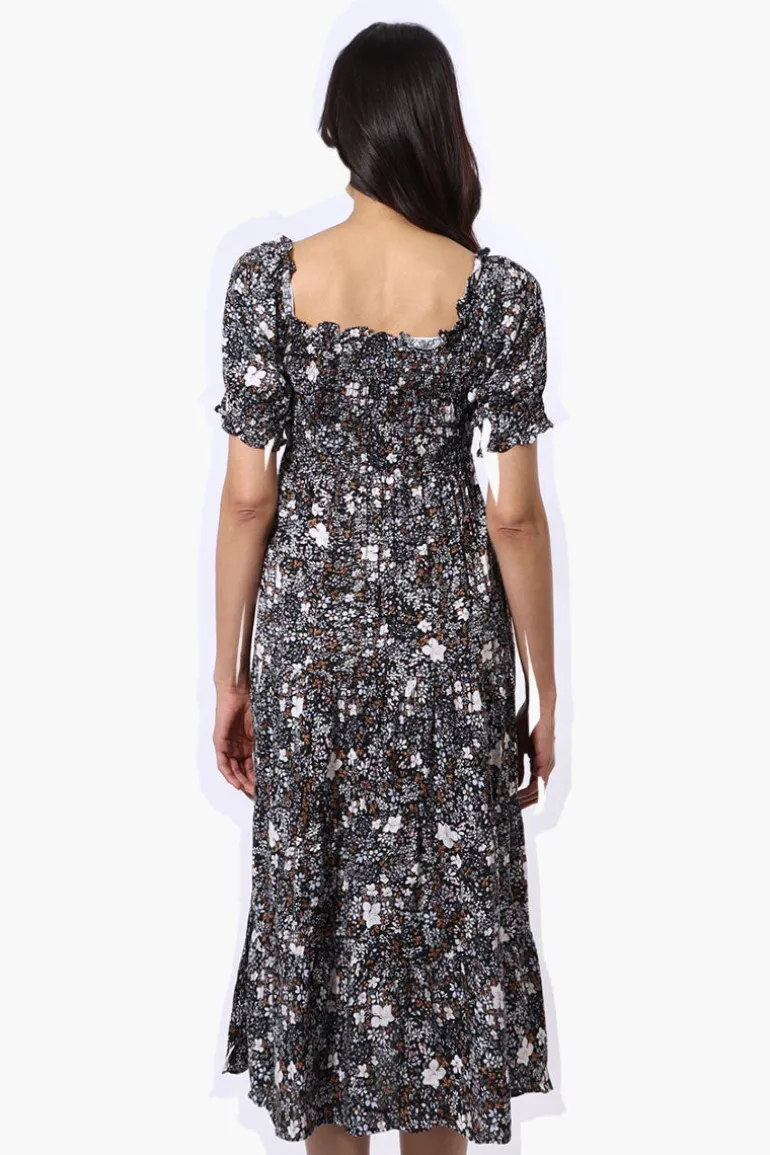 Beechers Brook Floral Smocked Square Neck Maxi Dress - Black