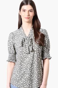 Beechers Brook Floral Tie Neck Smocked Sleeve Blouse - Olive