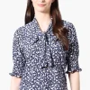 Beechers Brook Floral Tie Neck Smocked Sleeve Blouse - Navy