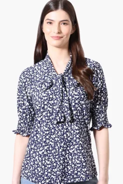 Beechers Brook Floral Tie Neck Smocked Sleeve Blouse - Navy