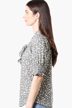 Beechers Brook Floral Tie Neck Smocked Sleeve Blouse - Olive