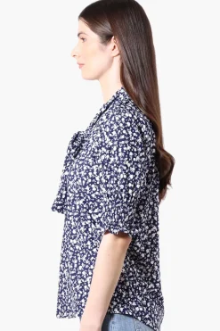 Beechers Brook Floral Tie Neck Smocked Sleeve Blouse - Navy