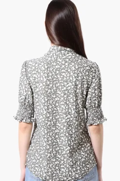 Beechers Brook Floral Tie Neck Smocked Sleeve Blouse - Olive