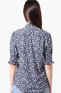 Beechers Brook Floral Tie Neck Smocked Sleeve Blouse - Navy