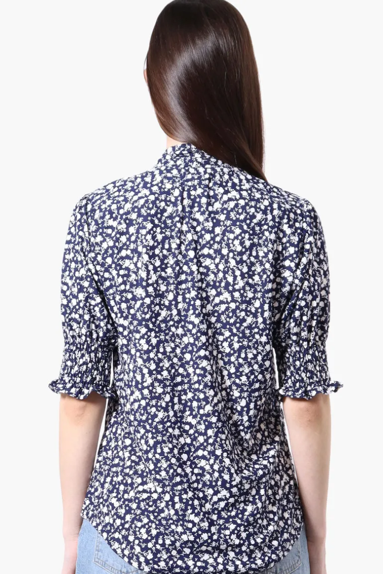 Beechers Brook Floral Tie Neck Smocked Sleeve Blouse - Navy