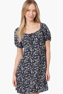 Beechers Brook Floral U Neck Short Sleeve Day Dress - Black