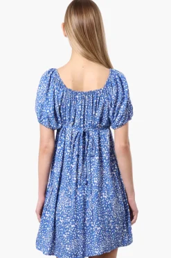 Beechers Brook Floral U Neck Short Sleeve Day Dress - Blue