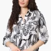 Beechers Brook Leaf Pattern Roll Up Sleeve Blouse - White