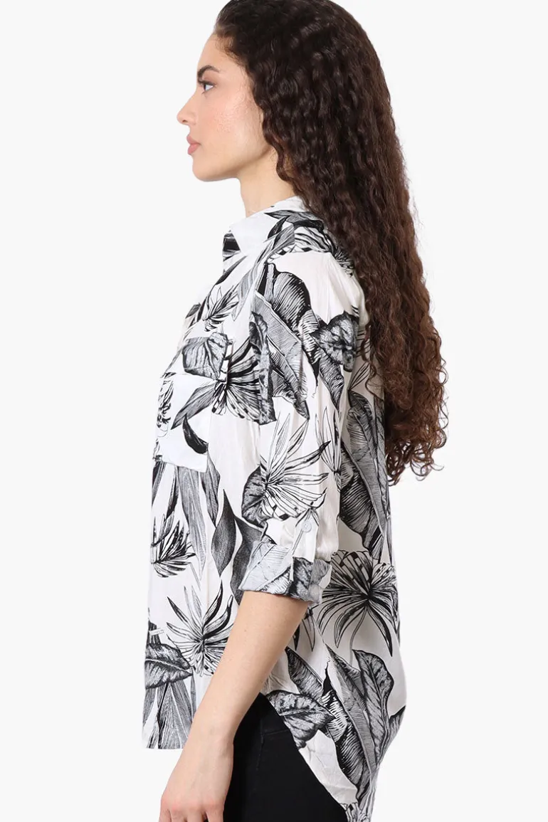 Beechers Brook Leaf Pattern Roll Up Sleeve Blouse - White
