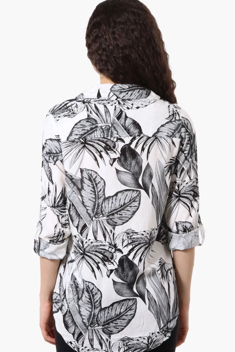 Beechers Brook Leaf Pattern Roll Up Sleeve Blouse - White