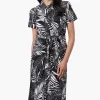 Beechers Brook Leaf Print Belted Button Down Maxi Dress - Black