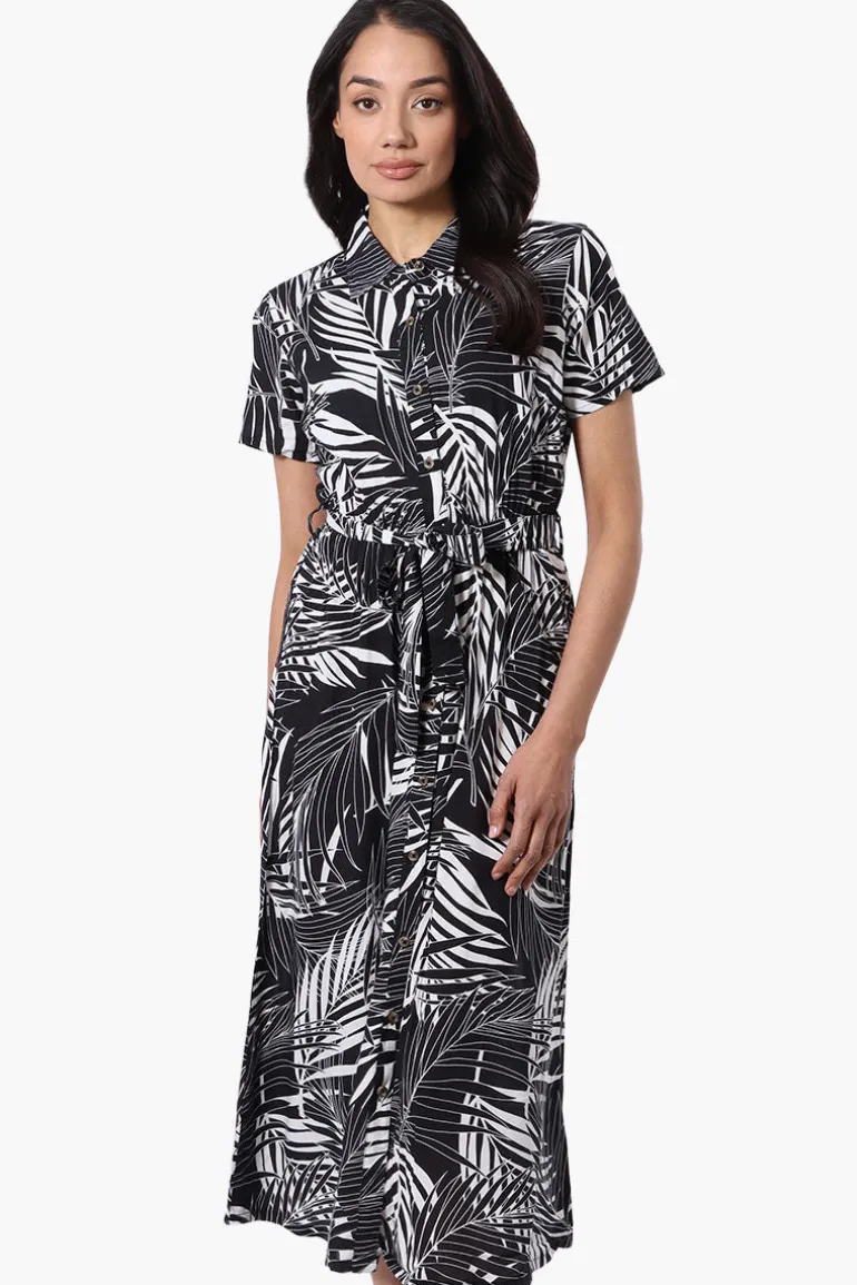 Beechers Brook Leaf Print Belted Button Down Maxi Dress - Black