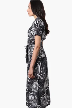 Beechers Brook Leaf Print Belted Button Down Maxi Dress - Black
