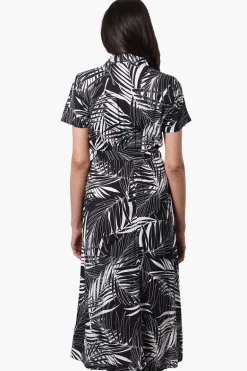 Beechers Brook Leaf Print Belted Button Down Maxi Dress - Black