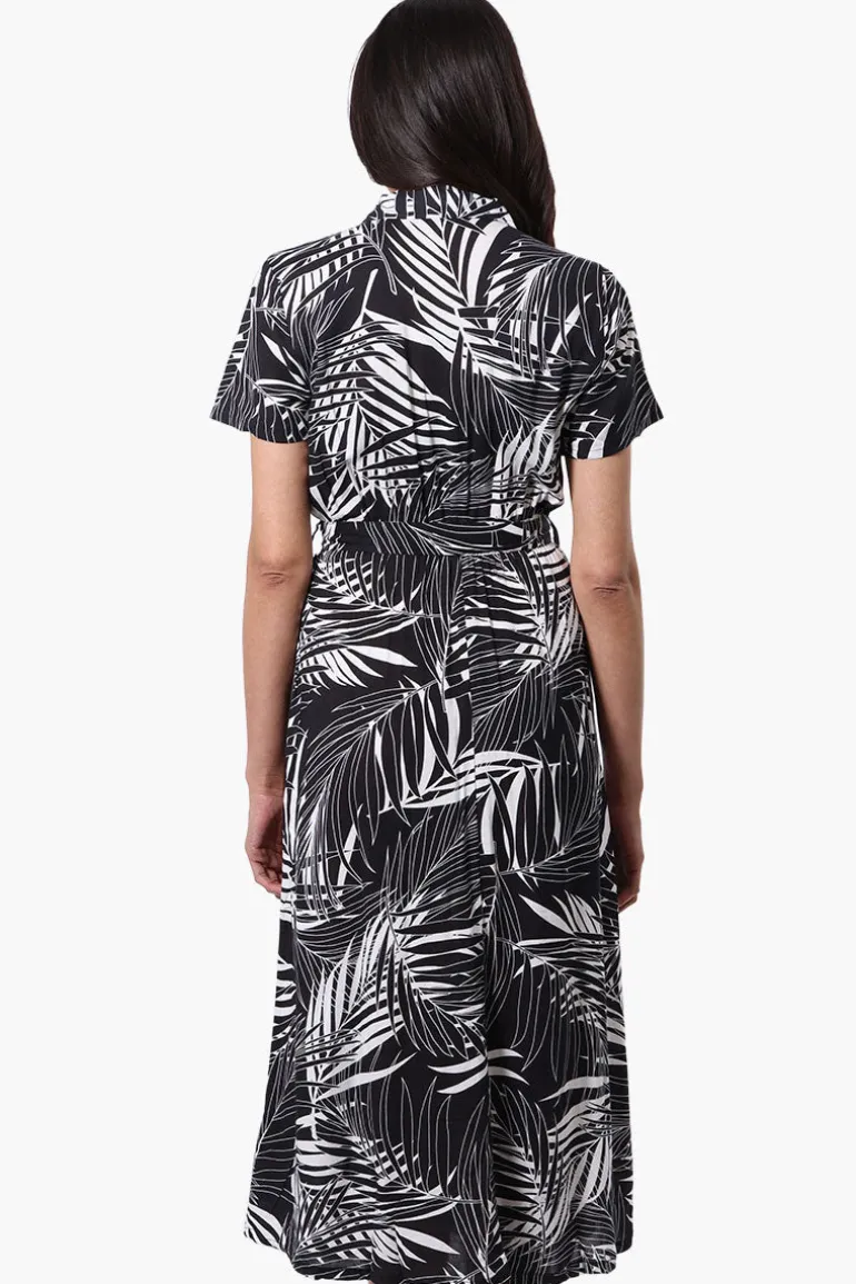Beechers Brook Leaf Print Belted Button Down Maxi Dress - Black