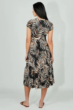 Beechers Brook Leaf Print Short Sleeve Tiered Midi Dress - Black