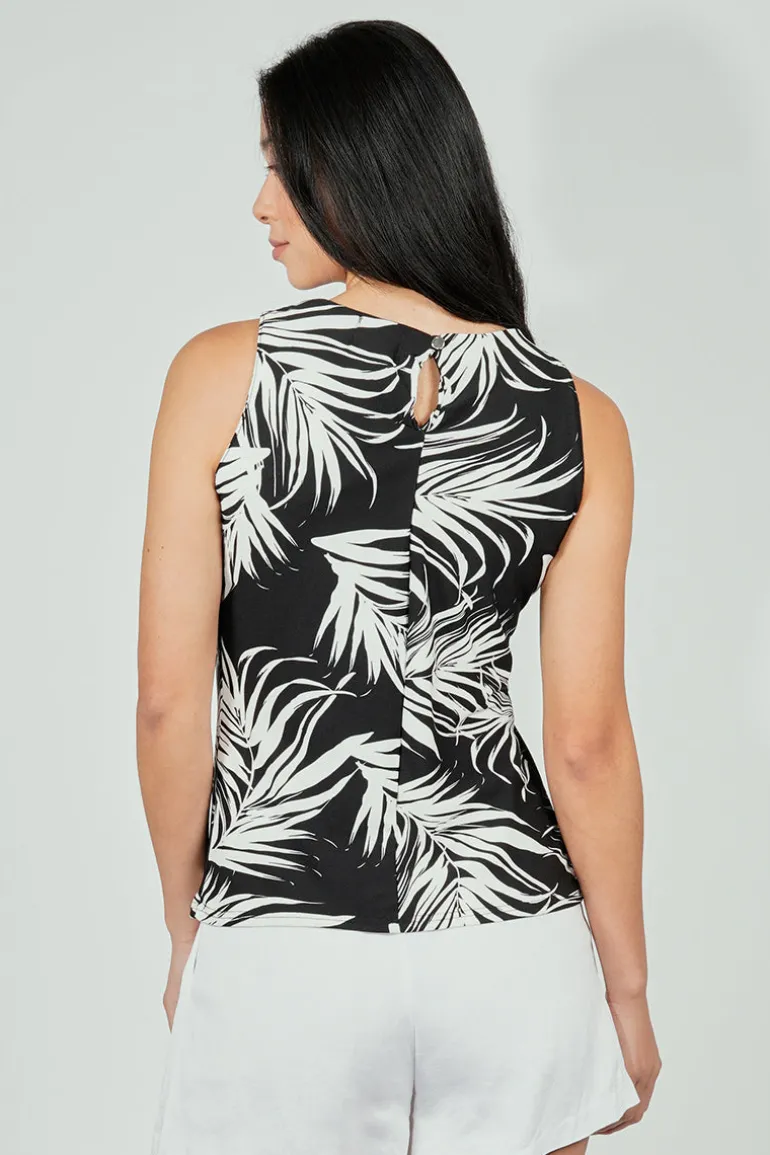 Beechers Brook Leaf Print Cinched Collar Tank Top - Black