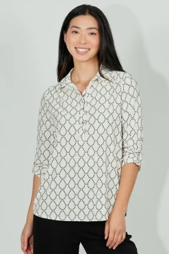 Beechers Brook Patterned Button Down Roll Up Sleeve Blouse - White