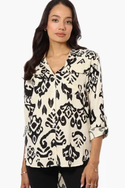 Beechers Brook Patterned Roll Up Sleeve Blouse - Cream