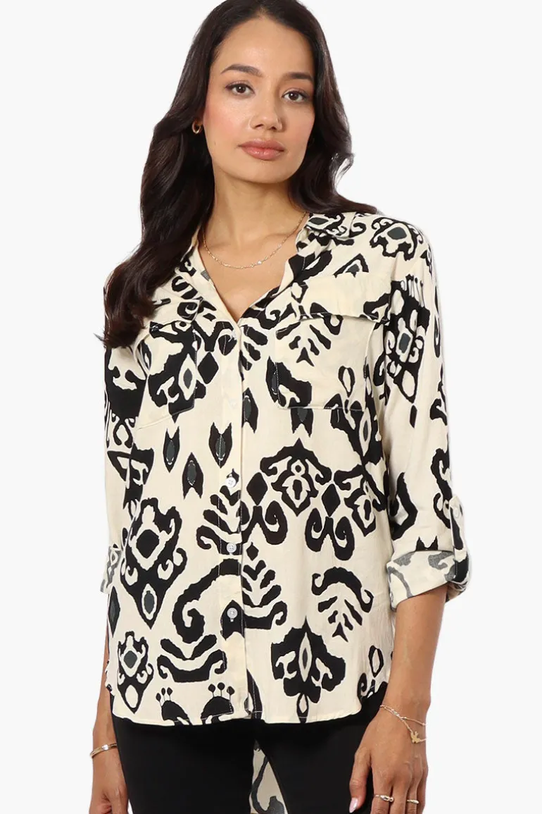 Beechers Brook Patterned Roll Up Sleeve Blouse - Cream