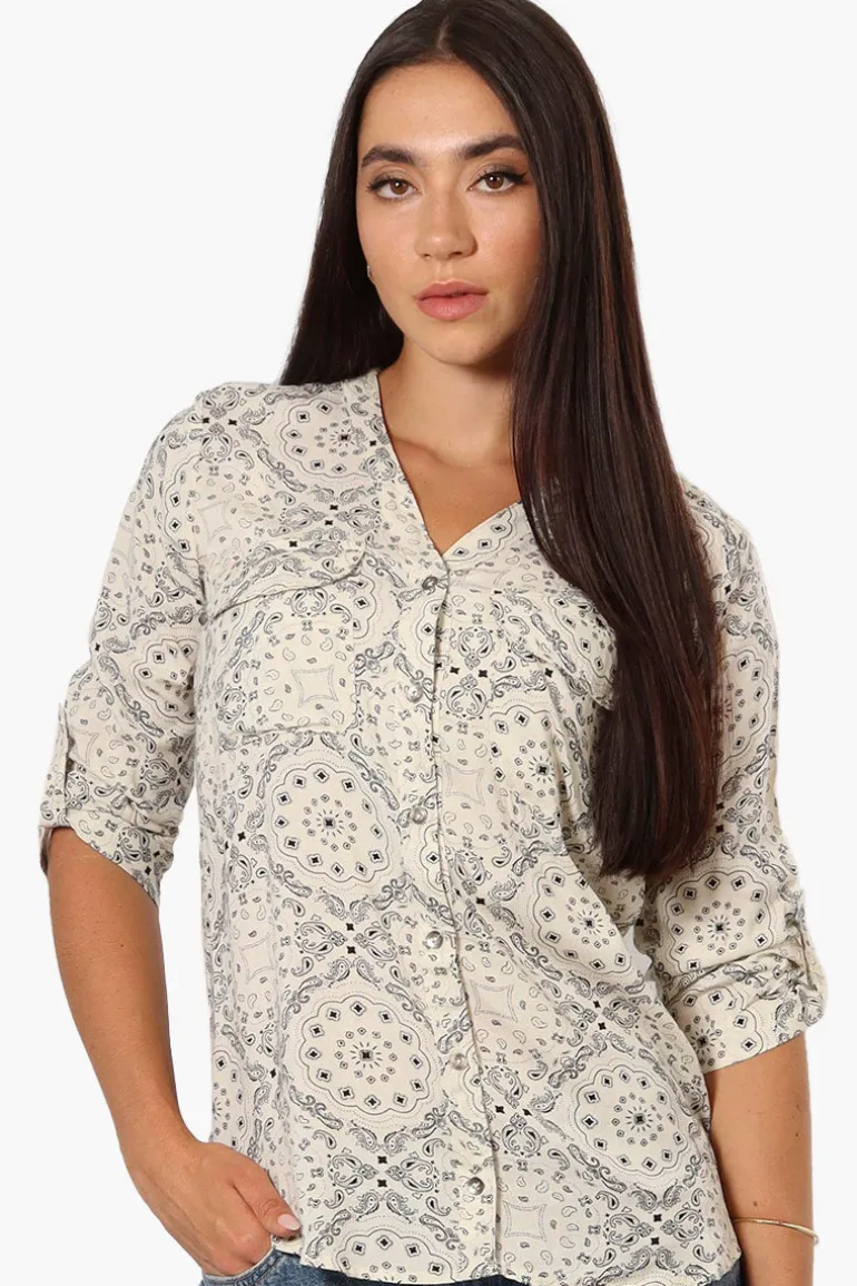 Beechers Brook Patterned Roll Up Sleeve Shirt - Cream