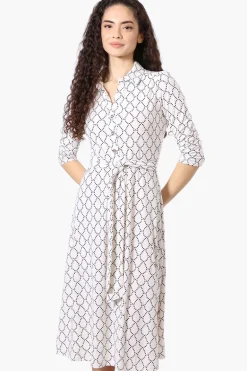 Beechers Brook Patterned Button Up Belted Midi Dress - White