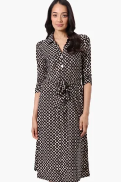 Beechers Brook Patterned Belted 3/4 Sleeve Midi Dress - Black