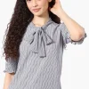 Beechers Brook Patterned Tie Neck Smocked Sleeve Blouse - White