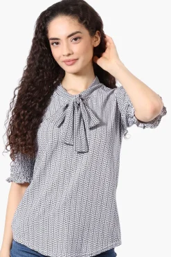 Beechers Brook Patterned Tie Neck Smocked Sleeve Blouse - White