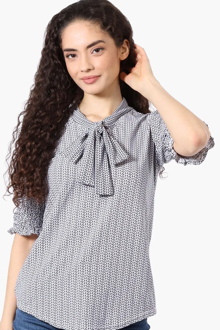 Beechers Brook Patterned Tie Neck Smocked Sleeve Blouse - White