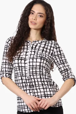 Beechers Brook Patterned Half Zip Roll Up Sleeve Shirt - White