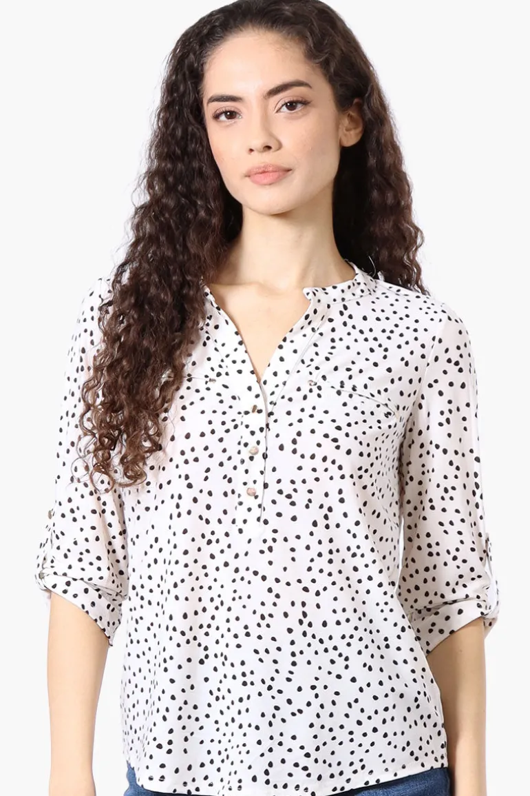 Beechers Brook Patterned Roll Up Sleeve Henley Shirt - White
