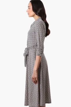 Beechers Brook Patterned Belted 3/4 Sleeve Midi Dress - Black