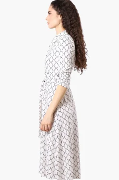 Beechers Brook Patterned Button Up Belted Midi Dress - White