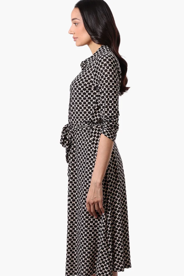 Beechers Brook Patterned Belted 3/4 Sleeve Midi Dress - Black