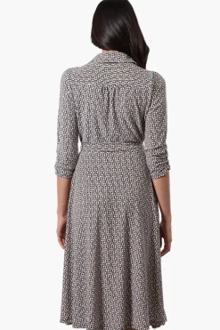 Beechers Brook Patterned Belted 3/4 Sleeve Midi Dress - Black