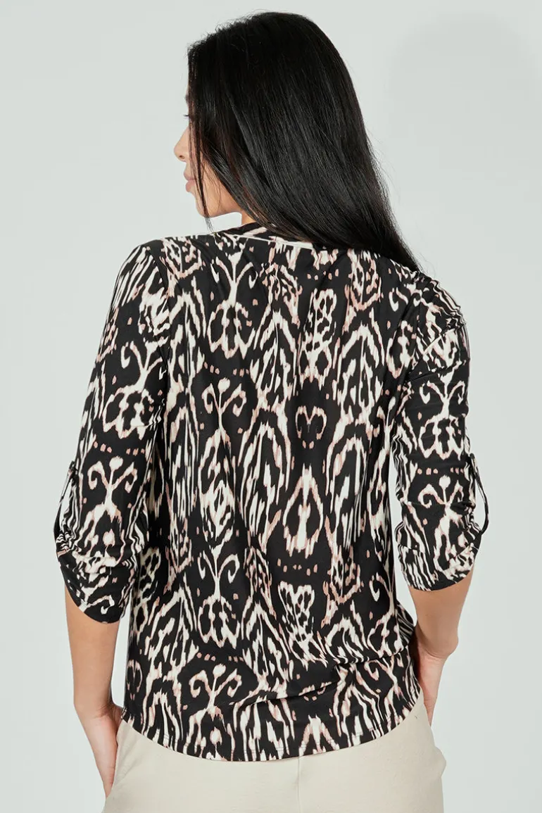 Beechers Brook Patterned Roll Up Sleeve Henley Blouse - Black