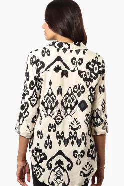Beechers Brook Patterned Roll Up Sleeve Blouse - Cream