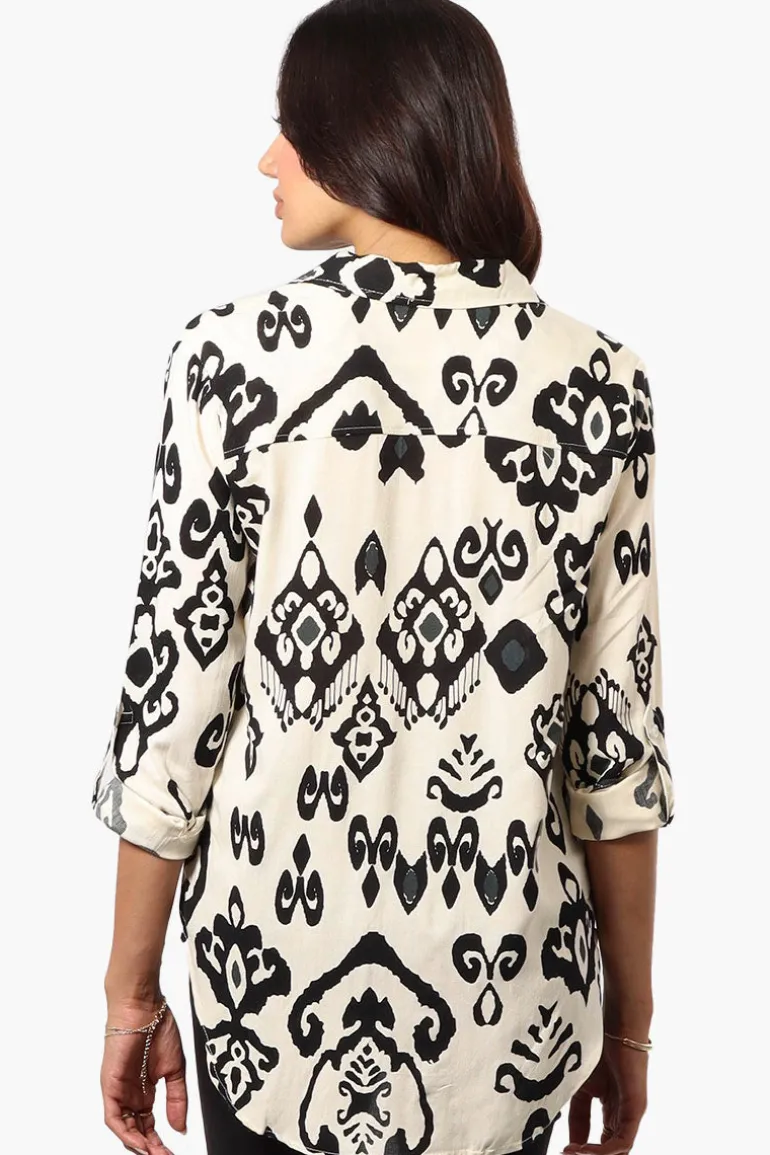 Beechers Brook Patterned Roll Up Sleeve Blouse - Cream