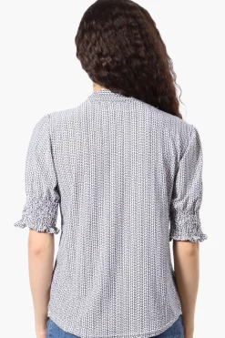 Beechers Brook Patterned Tie Neck Smocked Sleeve Blouse - White