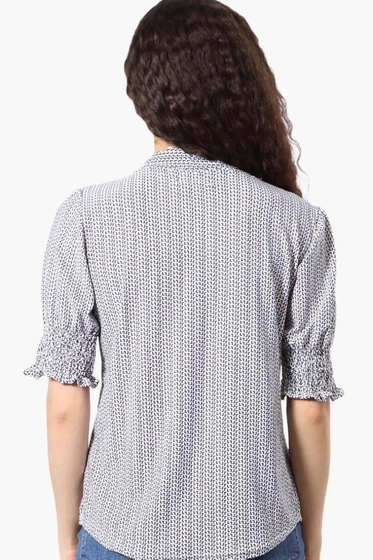 Beechers Brook Patterned Tie Neck Smocked Sleeve Blouse - White