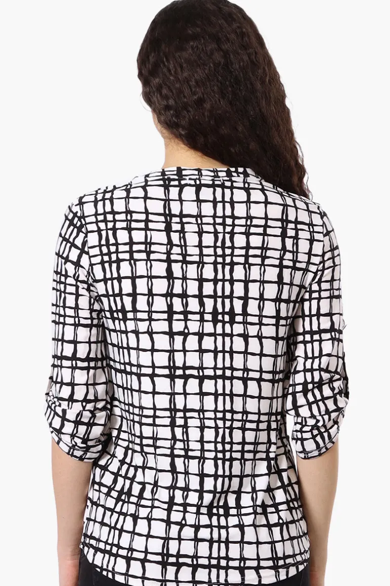Beechers Brook Patterned Half Zip Roll Up Sleeve Shirt - White