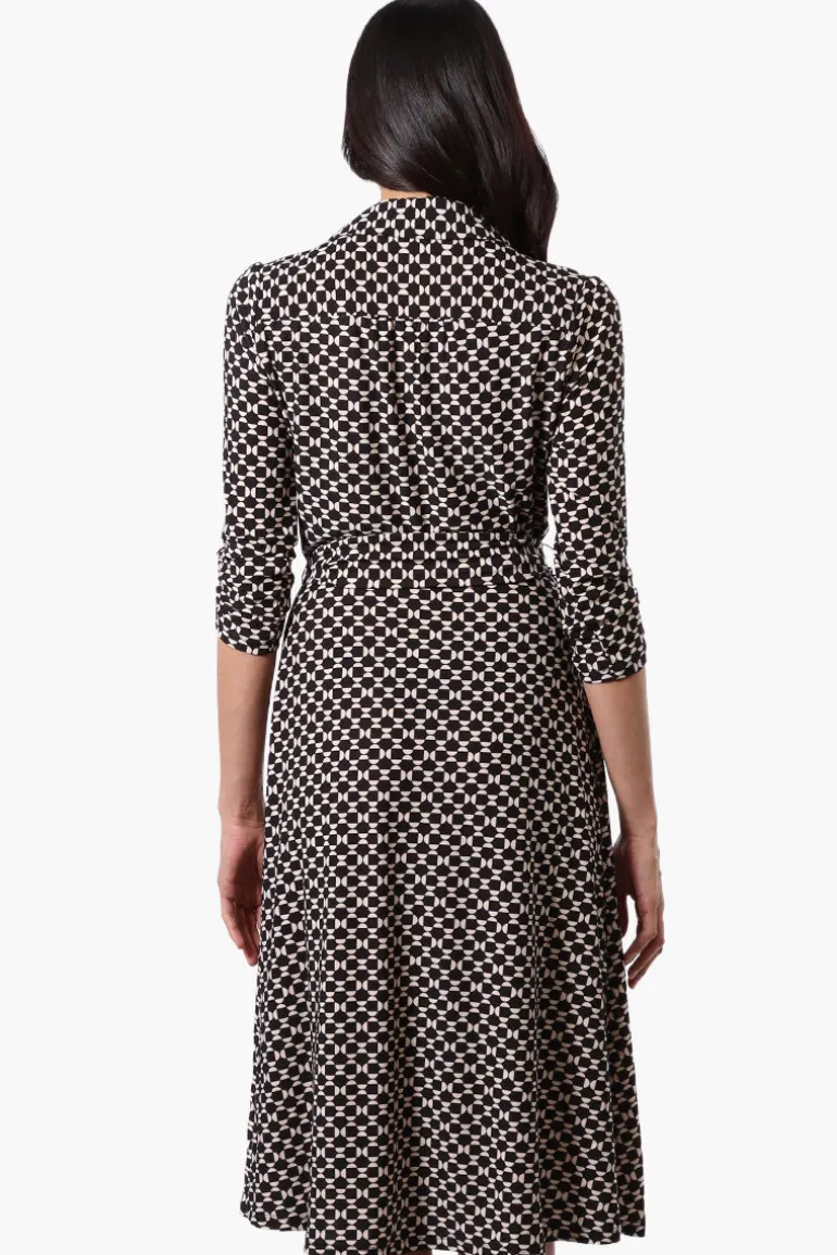 Beechers Brook Patterned Belted 3/4 Sleeve Midi Dress - Black