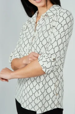 Beechers Brook Patterned Button Down Roll Up Sleeve Blouse - White