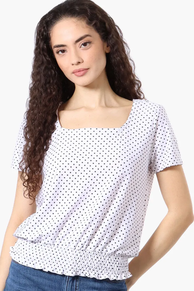 Beechers Brook Polka Dot Square Neck Smocked Tee - White