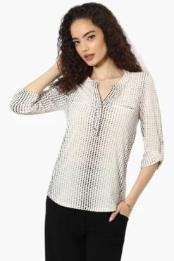 Beechers Brook Polka Dot Roll Up Sleeve Henley Shirt - Cream