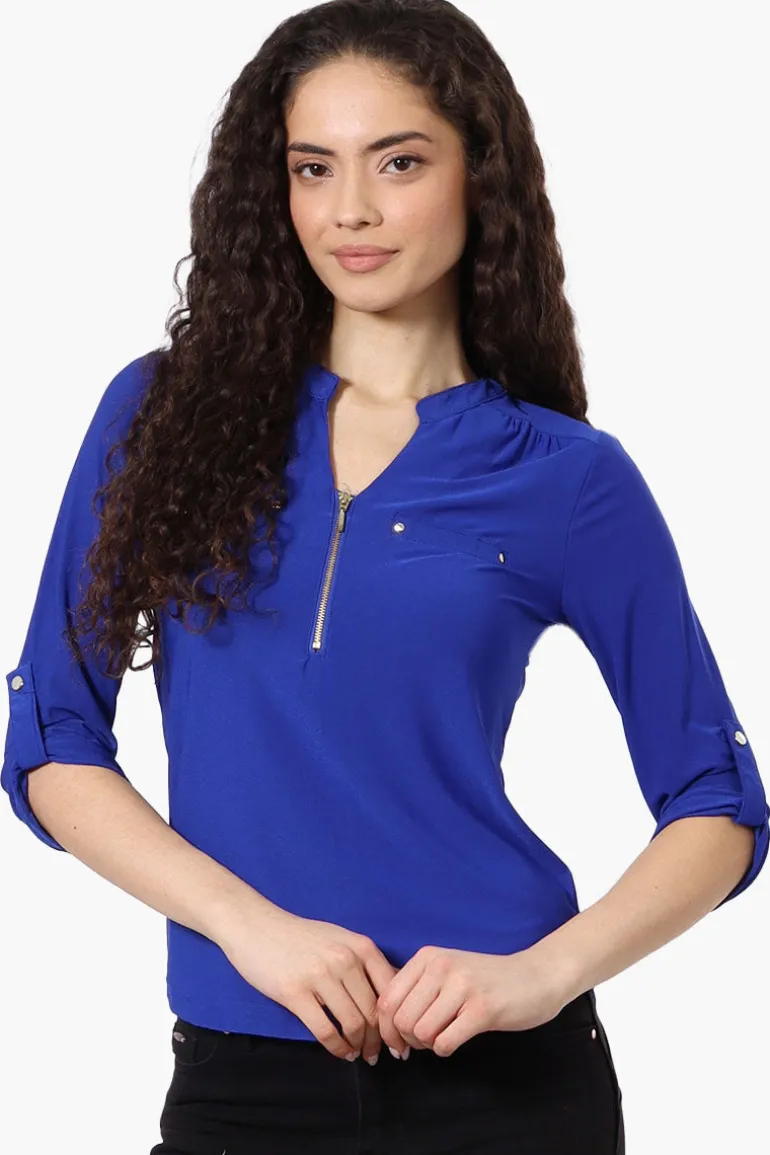 Beechers Brook Solid 1/4 Zip Roll Up Sleeve Shirt - Blue