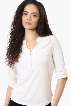 Beechers Brook Solid 1/4 Zip Roll Up Sleeve Shirt - White