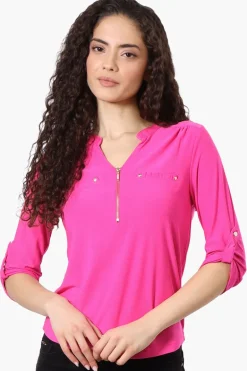 Beechers Brook Solid 1/4 Zip Roll Up Sleeve Shirt - Pink