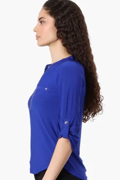 Beechers Brook Solid 1/4 Zip Roll Up Sleeve Shirt - Blue